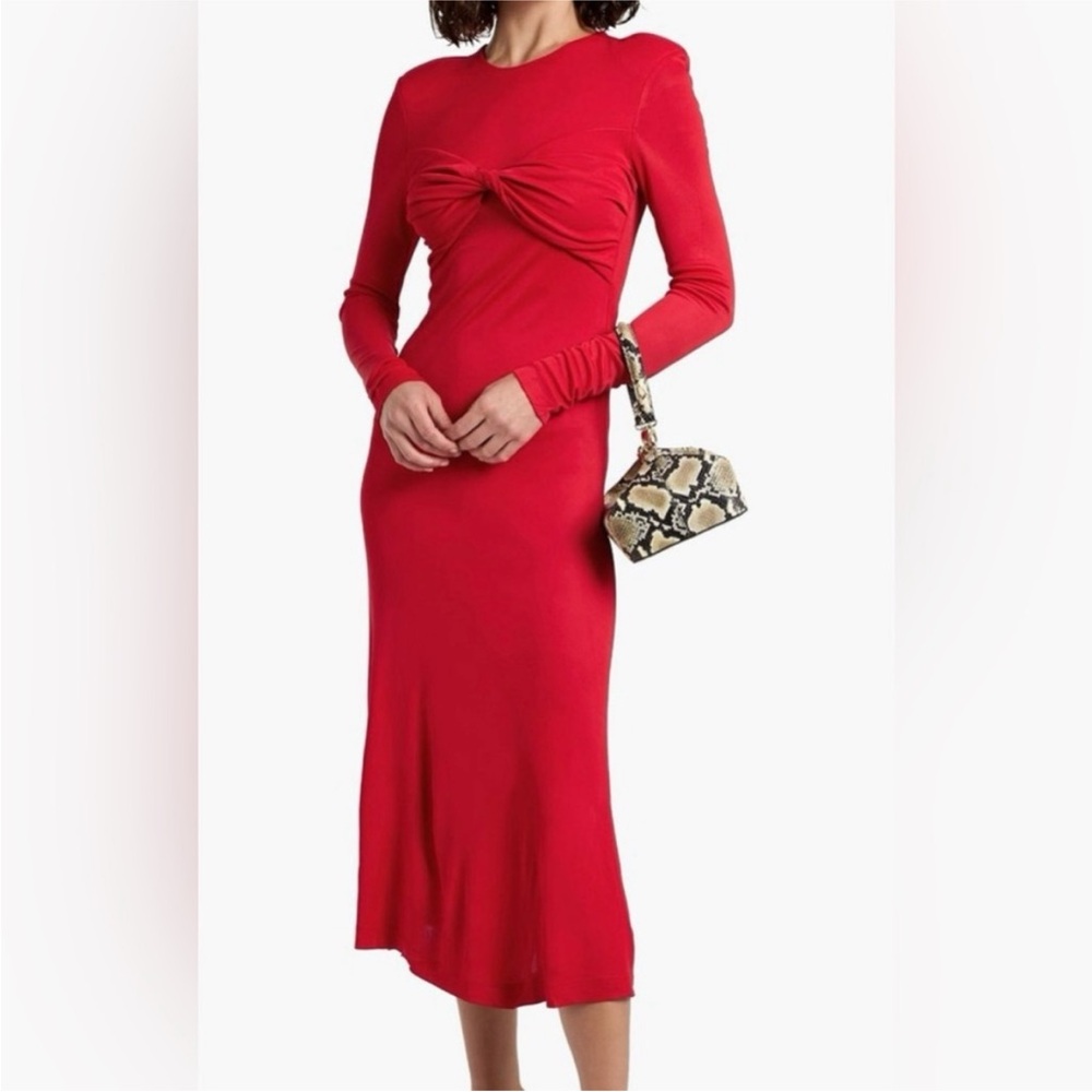 FARM Rio Red Twisted Cup Midi Long Sleeve Dress Small
